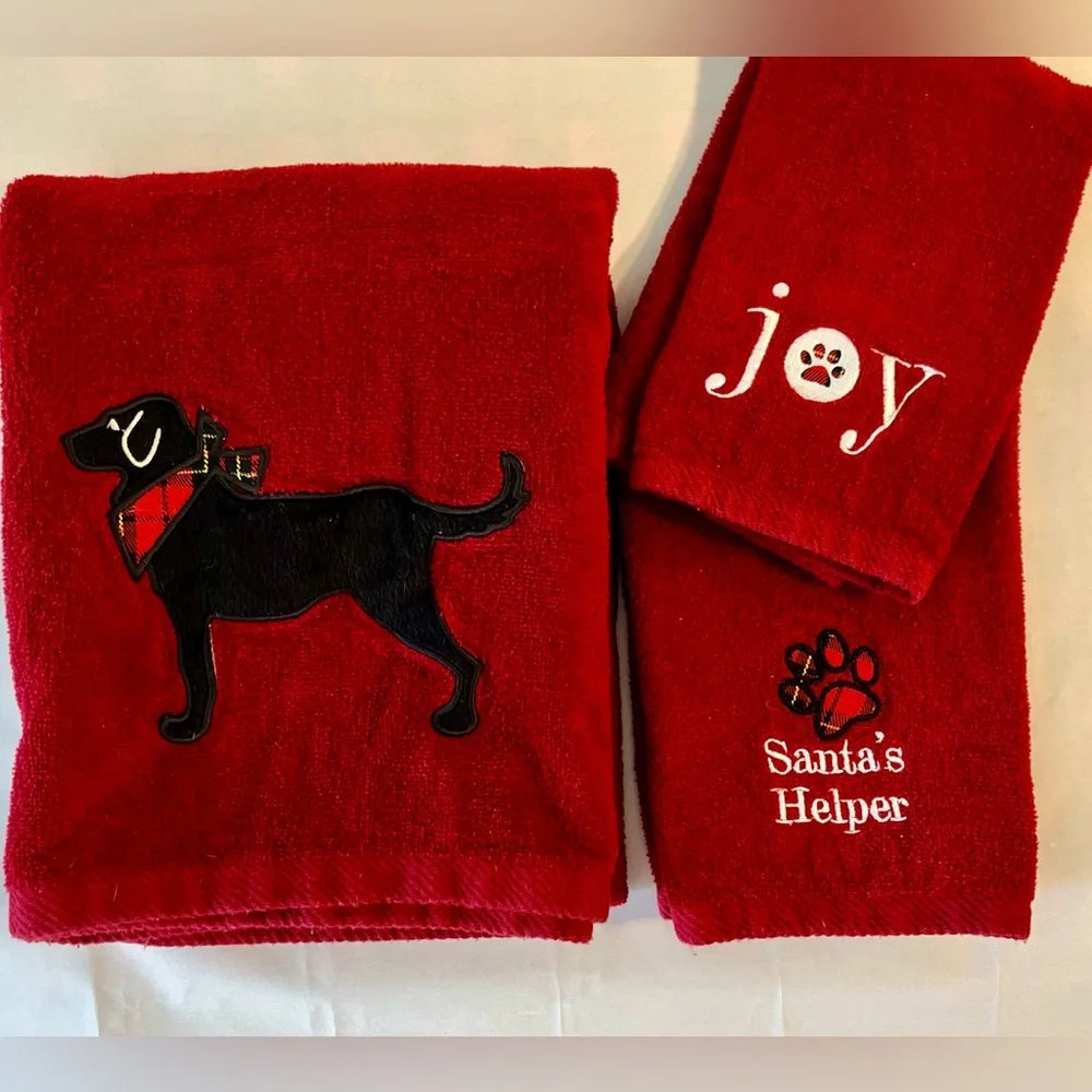 3 pc Essential Home Red Hand Towel Set Stitched Black Lab Dog paw print